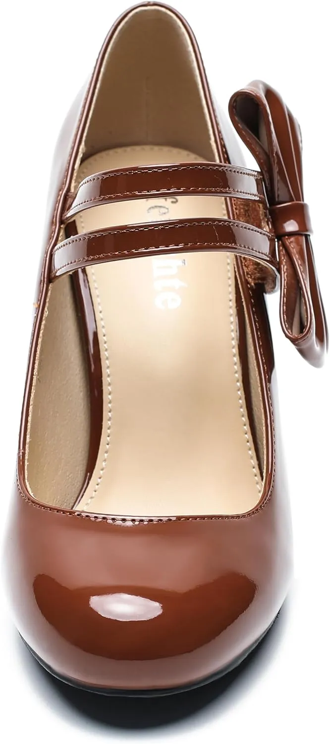 fereshte Womens Bow Heels Mary Jane Shoes Round Toe Chunky High Heel Side Bow Dress Pumps