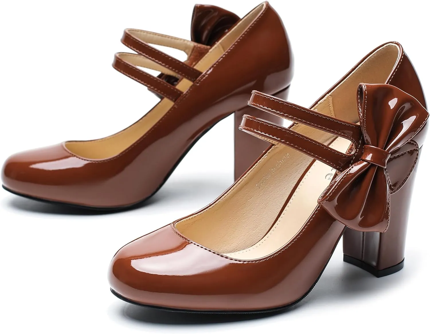fereshte Womens Bow Heels Mary Jane Shoes Round Toe Chunky High Heel Side Bow Dress Pumps