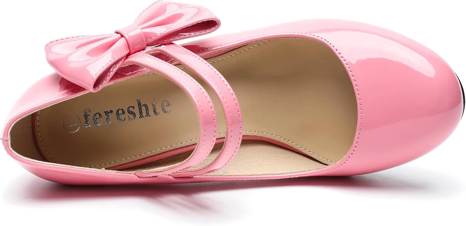 fereshte Womens Bow Heels Mary Jane Shoes Round Toe Chunky High Heel Side Bow Dress Pumps