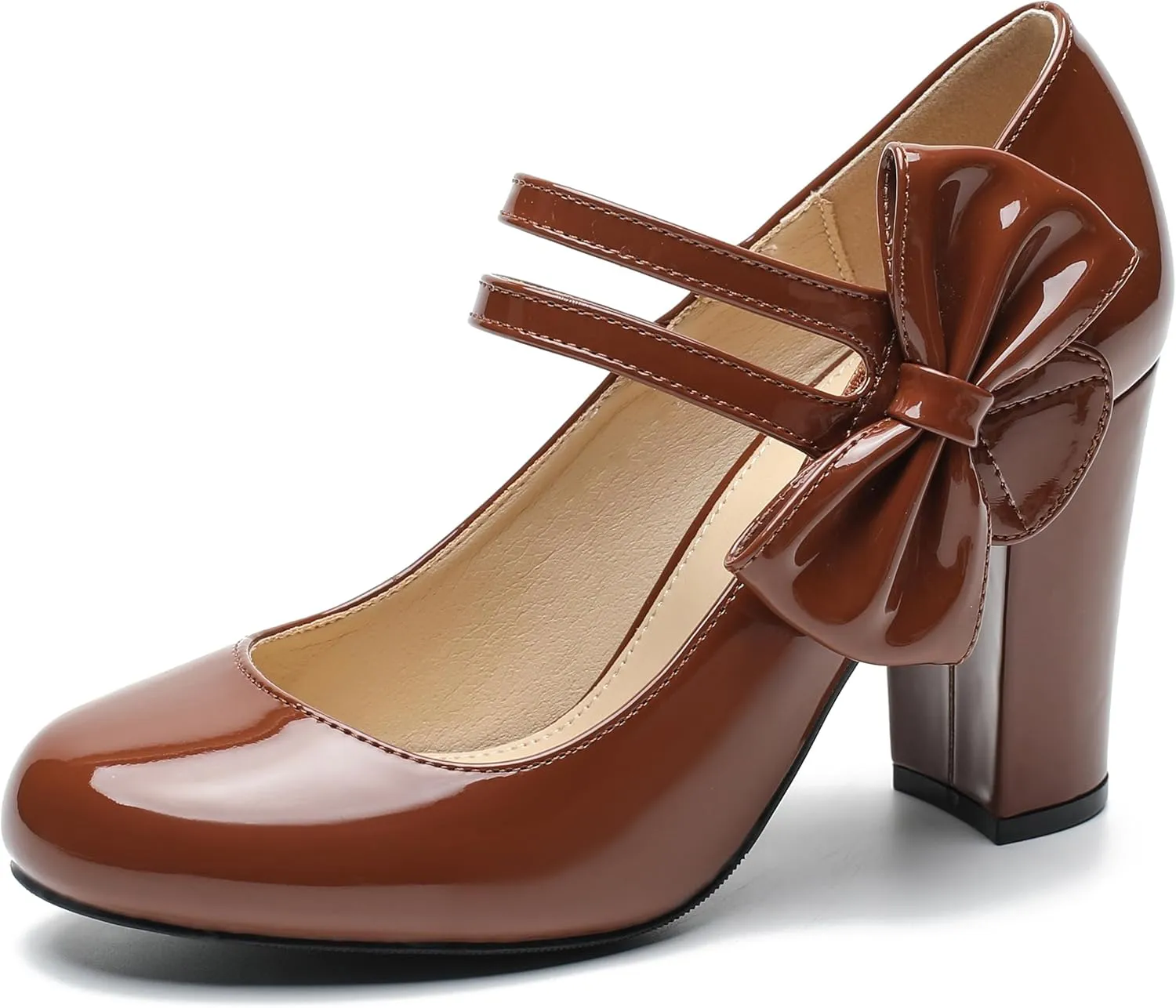 fereshte Womens Bow Heels Mary Jane Shoes Round Toe Chunky High Heel Side Bow Dress Pumps