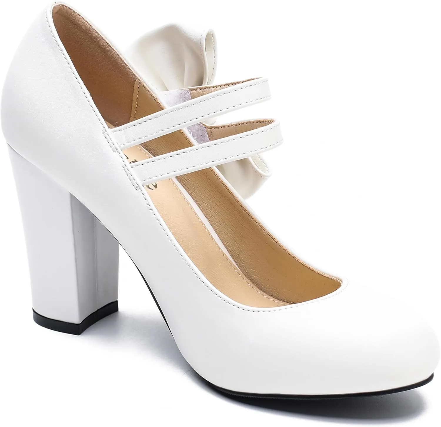 fereshte Womens Bow Heels Mary Jane Shoes Round Toe Chunky High Heel Side Bow Dress Pumps