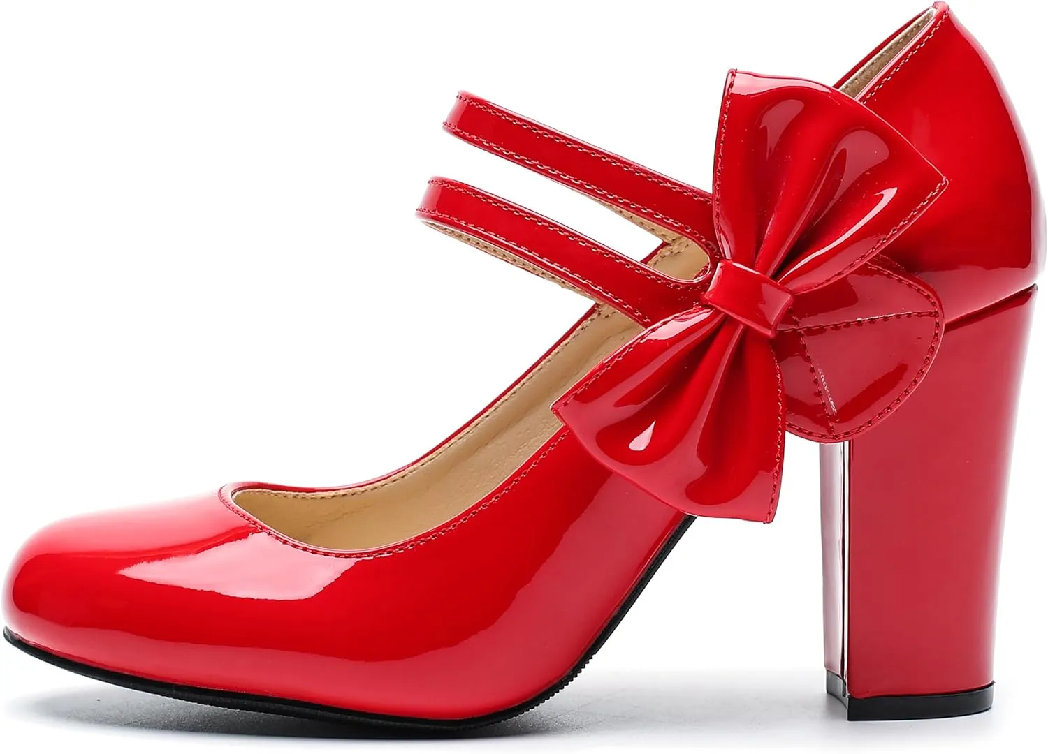 fereshte Womens Bow Heels Mary Jane Shoes Round Toe Chunky High Heel Side Bow Dress Pumps