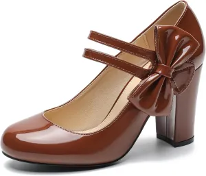 fereshte Womens Bow Heels Mary Jane Shoes Round Toe Chunky High Heel Side Bow Dress Pumps