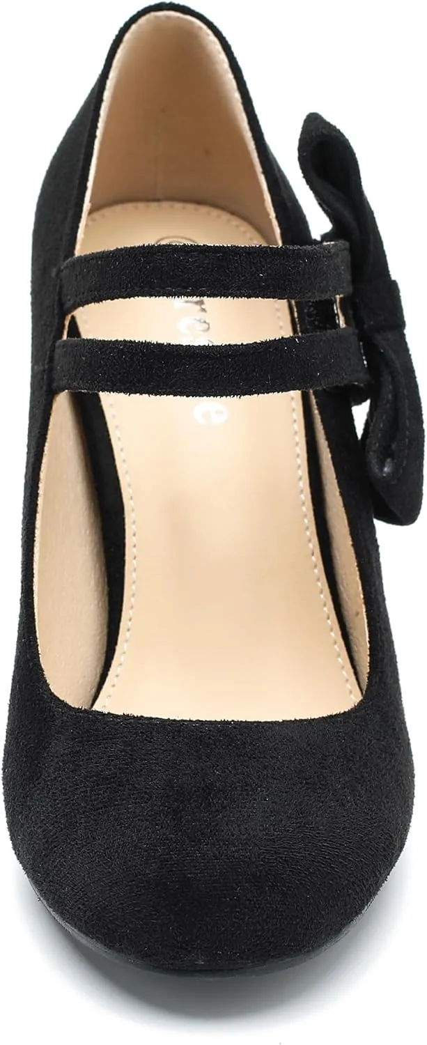 fereshte Womens Bow Heels Mary Jane Shoes Round Toe Chunky High Heel Side Bow Dress Pumps