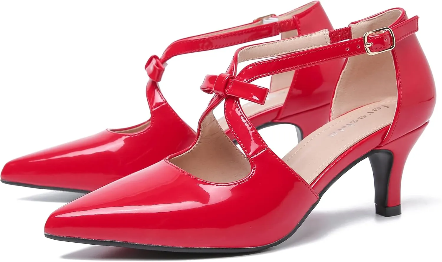 fereshte Women's Kitten Heels T Strap 2 Inch Low Heel Bow Pointed Toe D'Orsay Dressy Pumps