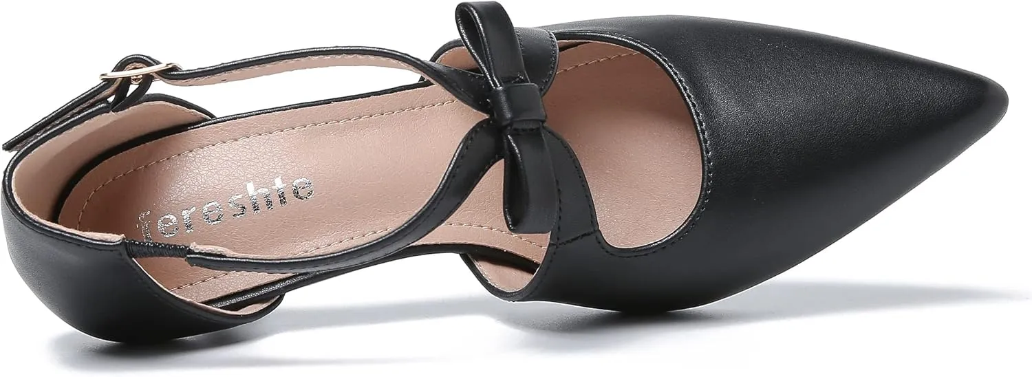 fereshte Women's Kitten Heels T Strap 2 Inch Low Heel Bow Pointed Toe D'Orsay Dressy Pumps
