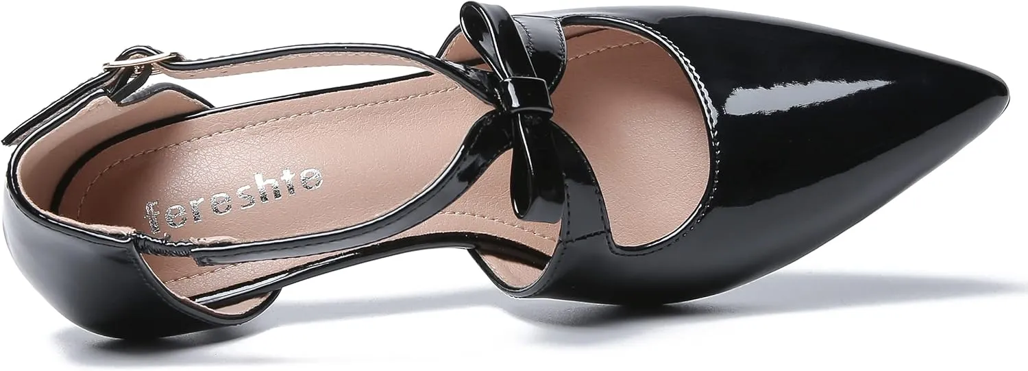 fereshte Women's Kitten Heels T Strap 2 Inch Low Heel Bow Pointed Toe D'Orsay Dressy Pumps
