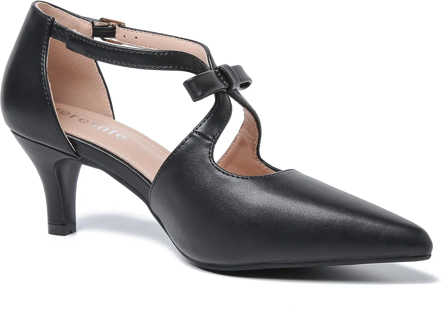 fereshte Women's Kitten Heels T Strap 2 Inch Low Heel Bow Pointed Toe D'Orsay Dressy Pumps