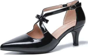 fereshte Women's Kitten Heels T Strap 2 Inch Low Heel Bow Pointed Toe D'Orsay Dressy Pumps