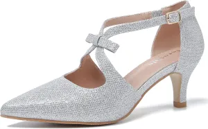 fereshte Women's Kitten Heels T Strap 2 Inch Low Heel Bow Pointed Toe D'Orsay Dressy Pumps