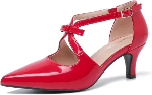 fereshte Women's Kitten Heels T Strap 2 Inch Low Heel Bow Pointed Toe D'Orsay Dressy Pumps