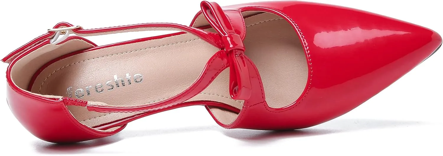 fereshte Women's Kitten Heels T Strap 2 Inch Low Heel Bow Pointed Toe D'Orsay Dressy Pumps
