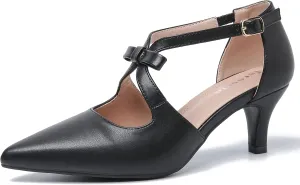 fereshte Women's Kitten Heels T Strap 2 Inch Low Heel Bow Pointed Toe D'Orsay Dressy Pumps