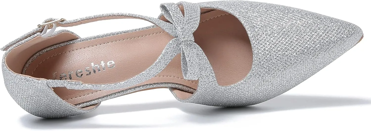 fereshte Women's Kitten Heels T Strap 2 Inch Low Heel Bow Pointed Toe D'Orsay Dressy Pumps