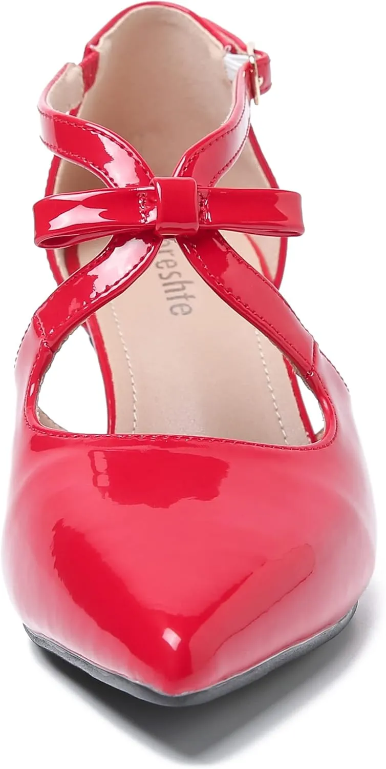 fereshte Women's Kitten Heels T Strap 2 Inch Low Heel Bow Pointed Toe D'Orsay Dressy Pumps