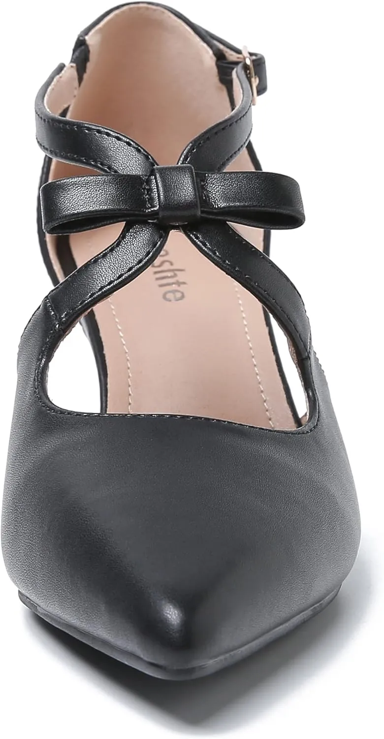 fereshte Women's Kitten Heels T Strap 2 Inch Low Heel Bow Pointed Toe D'Orsay Dressy Pumps