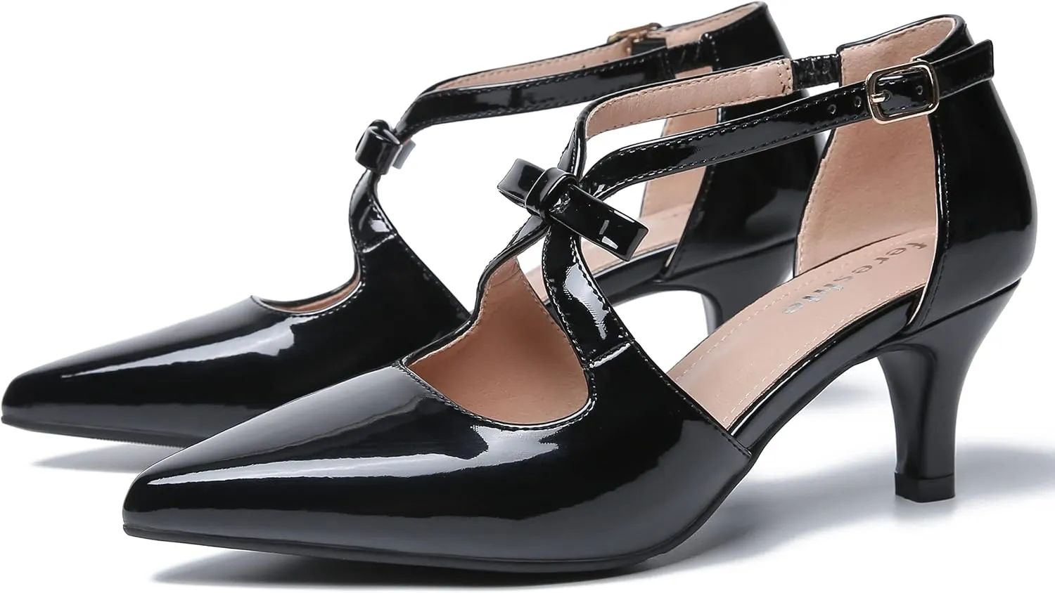 fereshte Women's Kitten Heels T Strap 2 Inch Low Heel Bow Pointed Toe D'Orsay Dressy Pumps