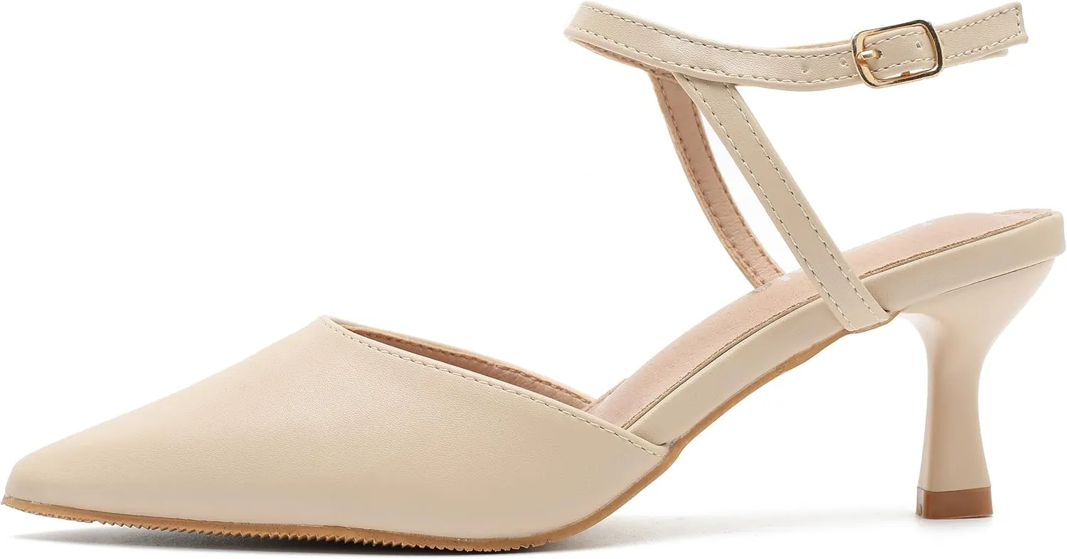 fereshte Women's Low Kitten Heels Ankle Strap Pumps Slingback Closed Toe Summer Dress Shoes