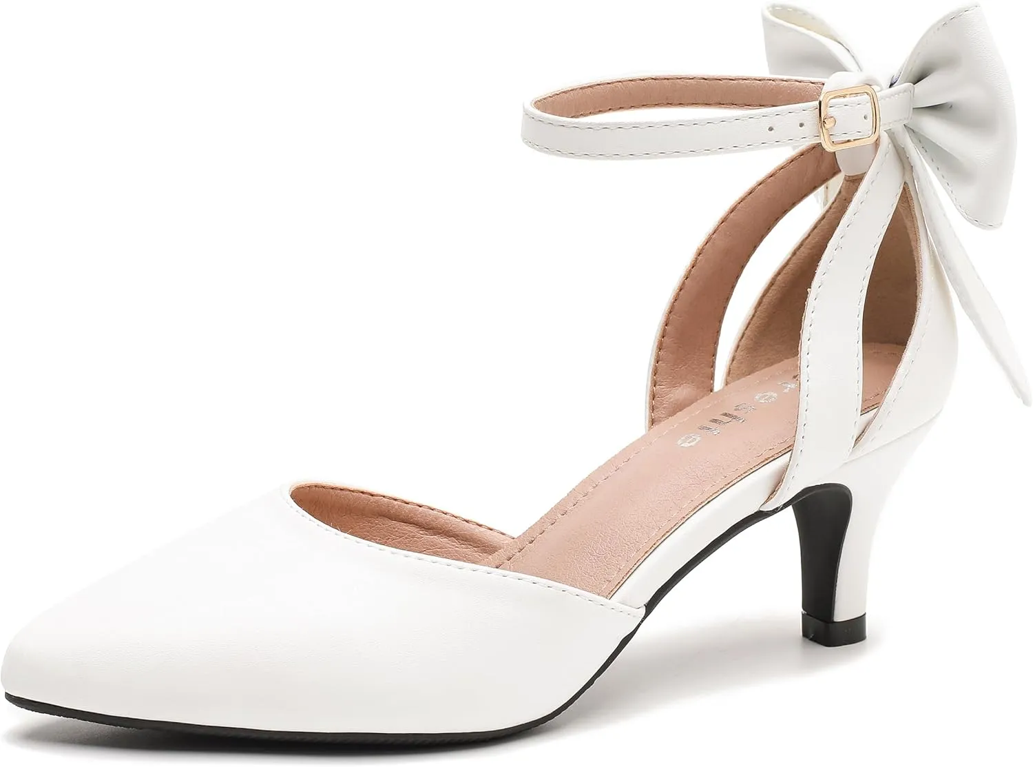 fereshte Women's Wedding Evening Party Bow Kitten Heels Pumps Ankle Strap Buckle Dress Shoes