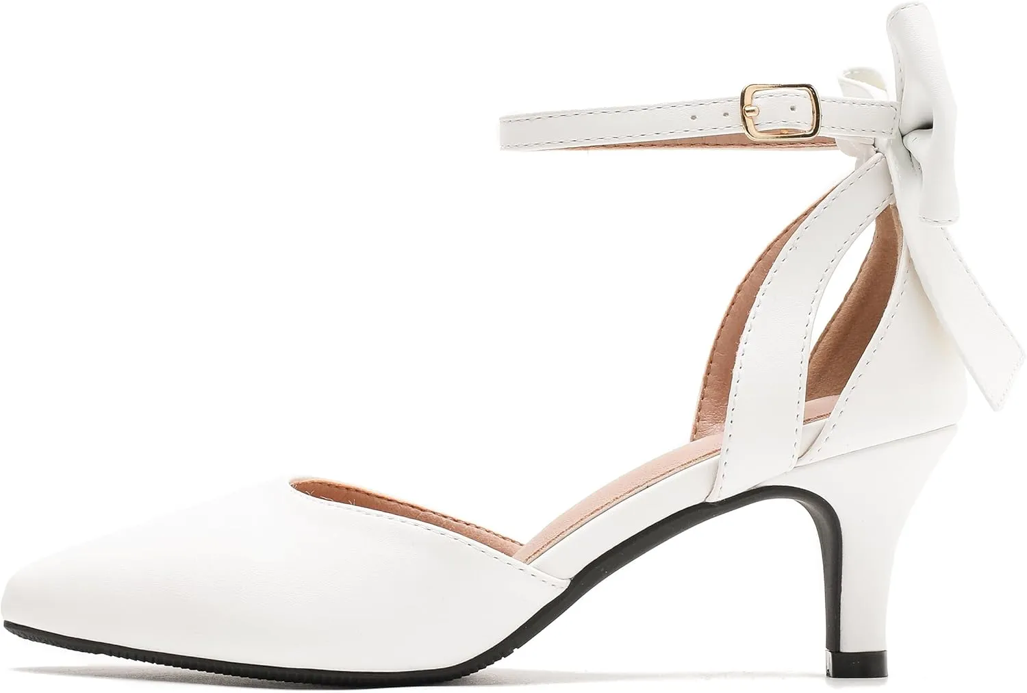 fereshte Women's Wedding Evening Party Bow Kitten Heels Pumps Ankle Strap Buckle Dress Shoes