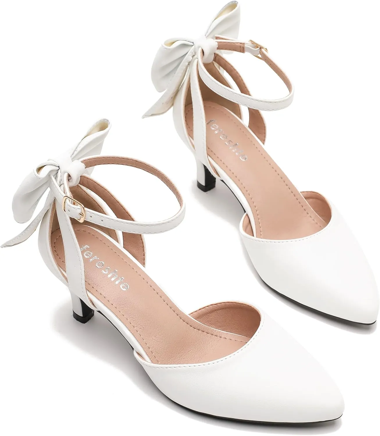 fereshte Women's Wedding Evening Party Bow Kitten Heels Pumps Ankle Strap Buckle Dress Shoes