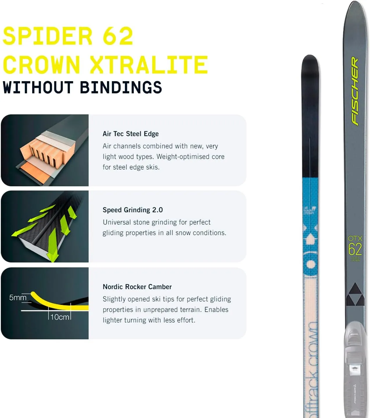 Fischer Unisex Spider 62 Crown Xtralite Flat Lightweight Durable Stable All-Terrain Off-Track Nordic Backcountry Mountain Touring Winter Sports Skis Without Bindings