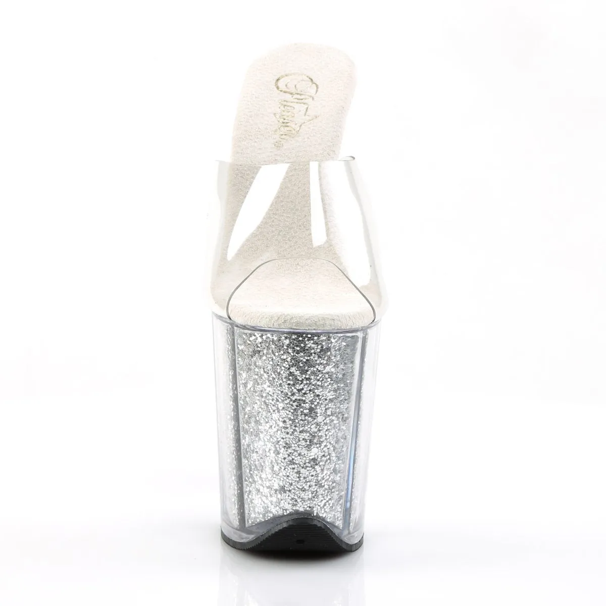 FLAMINGO-801G 8" Heel Clear Silver Glitter Strippers Shoes