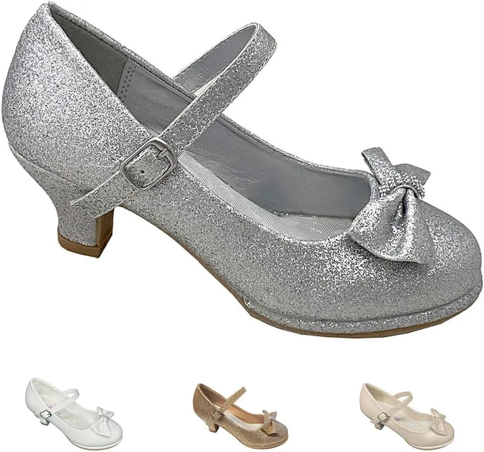 Flower Girl Dress Shoes for Weddings and Christmas - Big and Little Girl 2 Inch High Heel with Sparkle & Strap