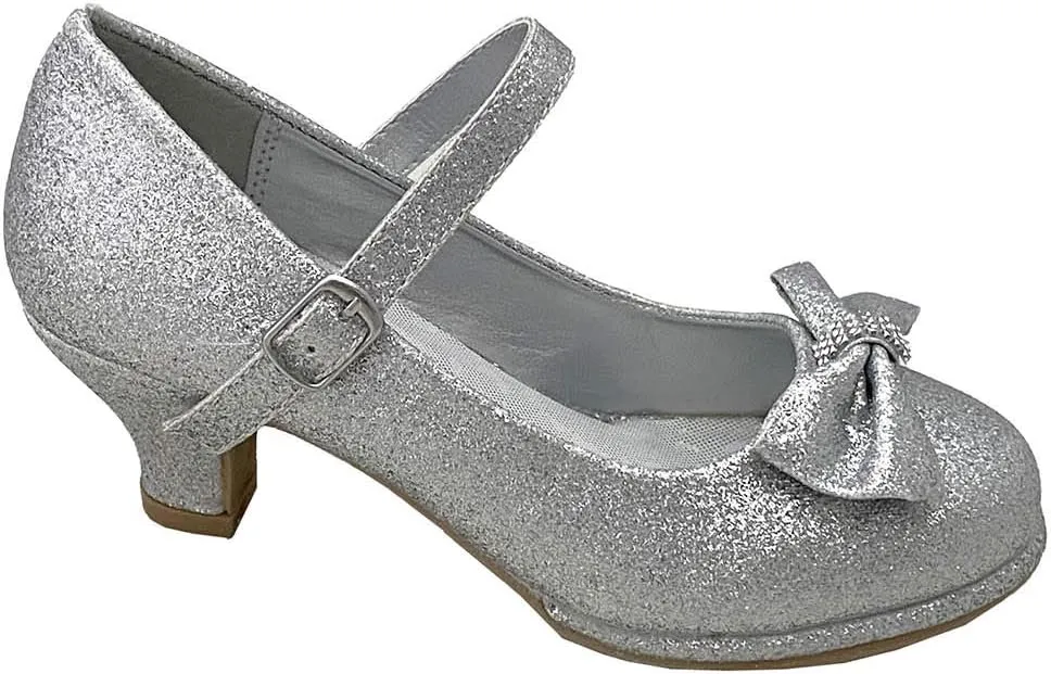 Flower Girl Dress Shoes for Weddings and Christmas - Big and Little Girl 2 Inch High Heel with Sparkle & Strap