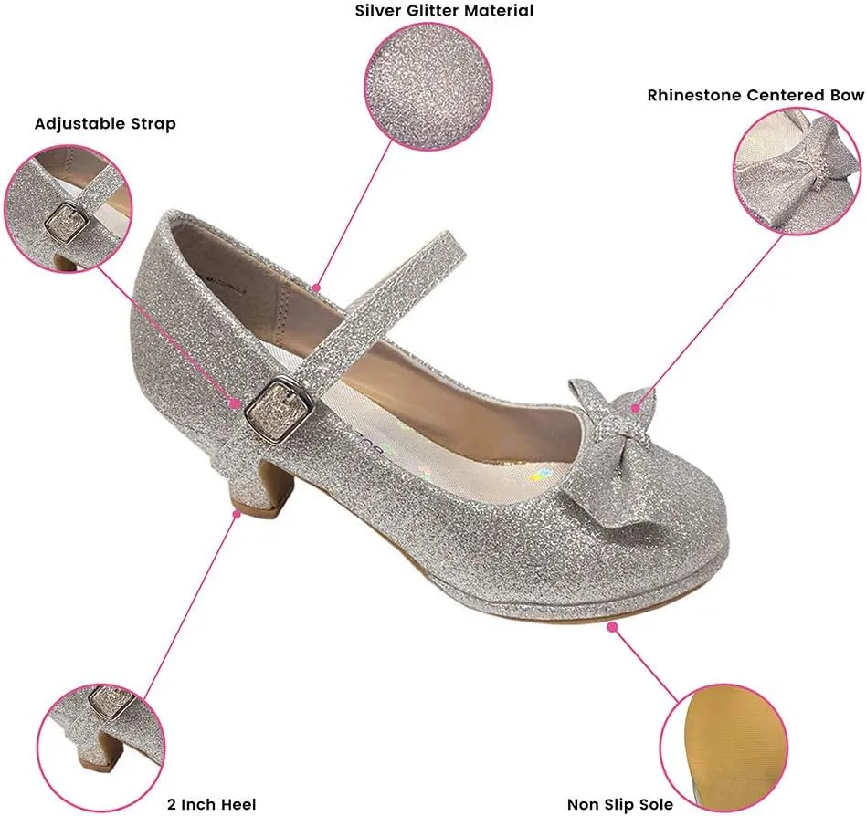 Flower Girl Dress Shoes for Weddings and Christmas - Big and Little Girl 2 Inch High Heel with Sparkle & Strap