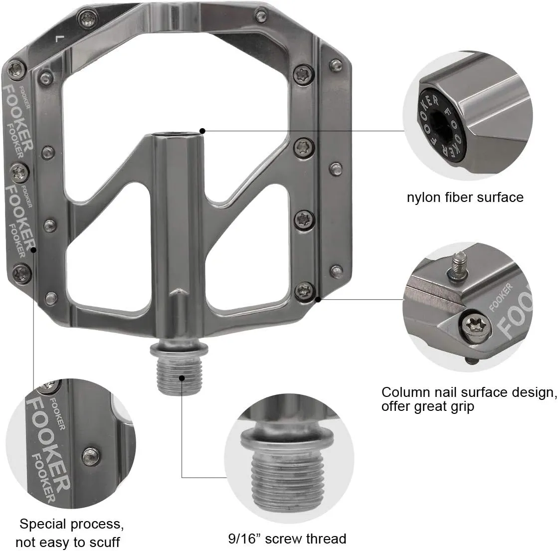 FOOKER Bike Pedals Non-Slip Aluminum Alloy MTB Mountain Bike Pedals 3 Bearing 9/16" for Road BMX MTB Bikes