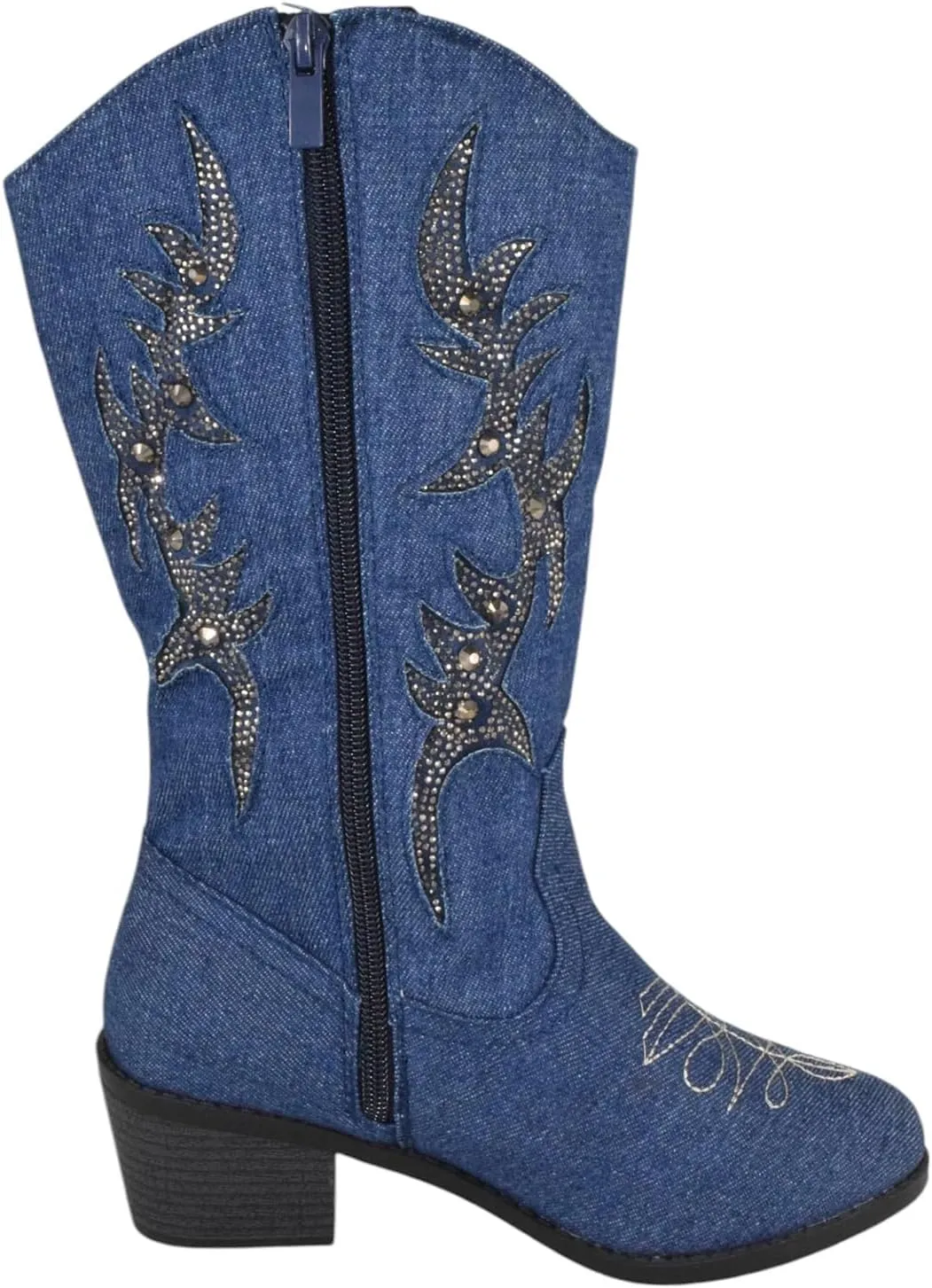 Forever Women Cowgirl Cowboy Western Stitched Mid Calf Boots Pointy Toe Side Zipper Bling Rhinestone Glitter Western-19