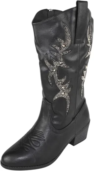Forever Women Cowgirl Cowboy Western Stitched Mid Calf Boots Pointy Toe Side Zipper Bling Rhinestone Glitter Western-19