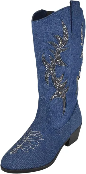 Forever Women Cowgirl Cowboy Western Stitched Mid Calf Boots Pointy Toe Side Zipper Bling Rhinestone Glitter Western-19