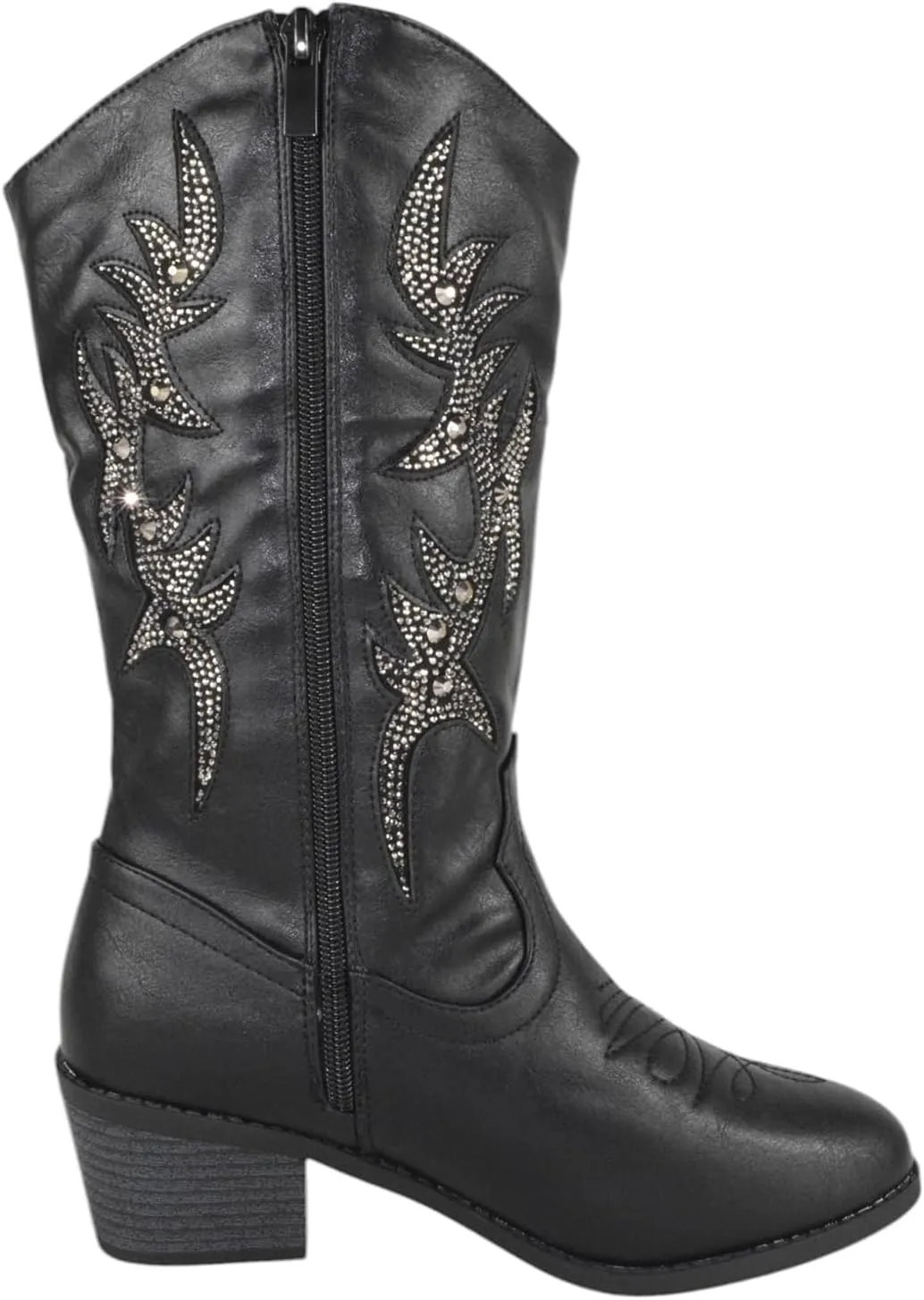 Forever Women Cowgirl Cowboy Western Stitched Mid Calf Boots Pointy Toe Side Zipper Bling Rhinestone Glitter Western-19
