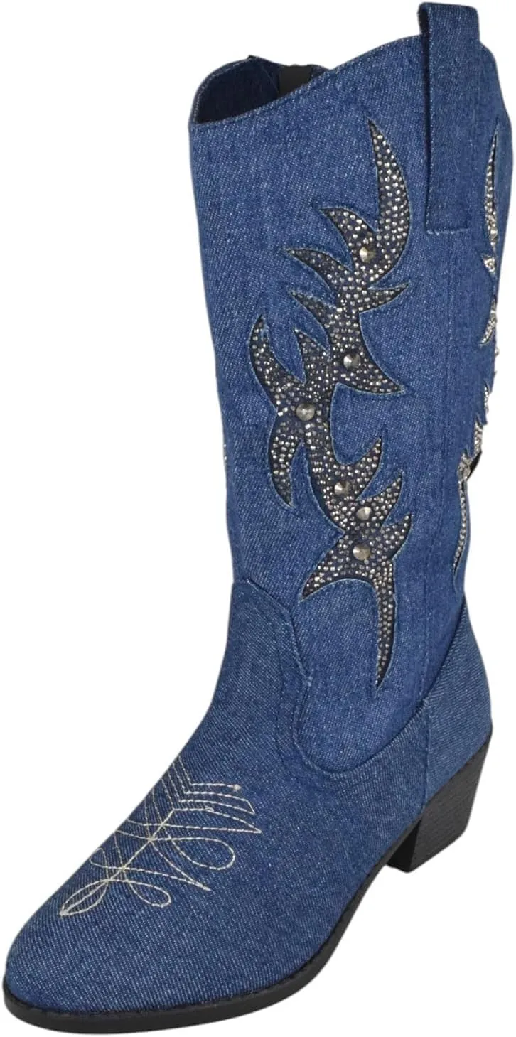 Forever Women Cowgirl Cowboy Western Stitched Mid Calf Boots Pointy Toe Side Zipper Bling Rhinestone Glitter Western-19