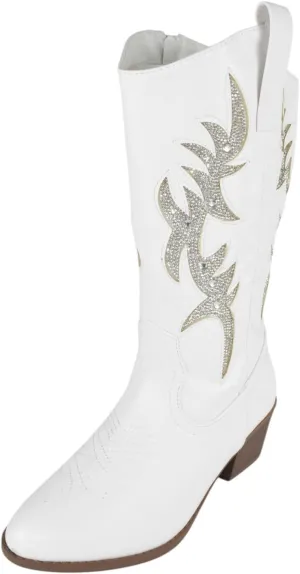 Forever Women Cowgirl Cowboy Western Stitched Mid Calf Boots Pointy Toe Side Zipper Bling Rhinestone Glitter Western-19