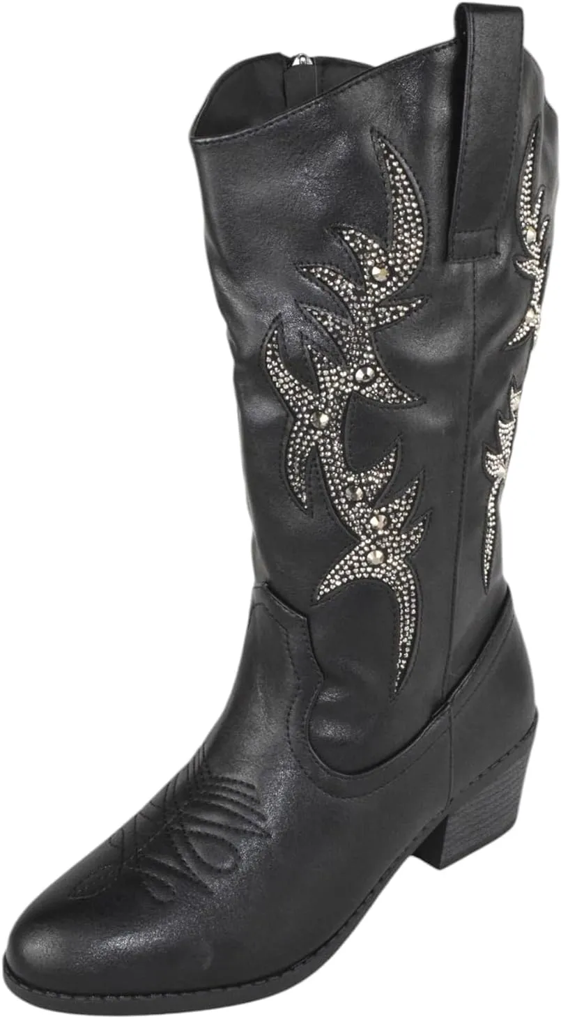 Forever Women Cowgirl Cowboy Western Stitched Mid Calf Boots Pointy Toe Side Zipper Bling Rhinestone Glitter Western-19