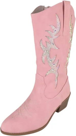 Forever Women Cowgirl Cowboy Western Stitched Mid Calf Boots Pointy Toe Side Zipper Bling Rhinestone Glitter Western-19