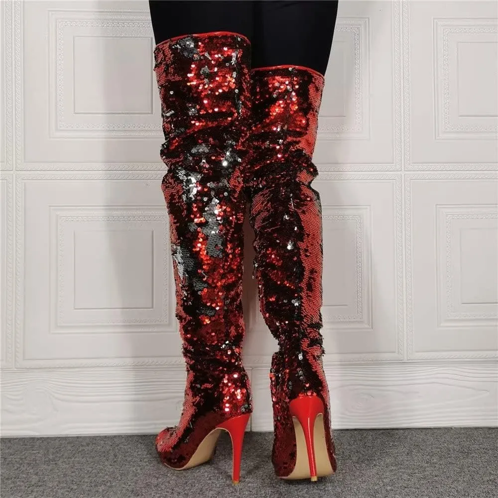 Frankie Hsu Punk Stiletto Over Knee Boots, Red Silver Sequin Glitter High Heels Thigh Style, Fashion Big Large Size Club Peep Toe Long Tall Shoes For Women Men