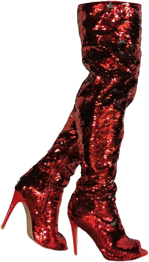Frankie Hsu Punk Stiletto Over Knee Boots, Red Silver Sequin Glitter High Heels Thigh Style, Fashion Big Large Size Club Peep Toe Long Tall Shoes For Women Men