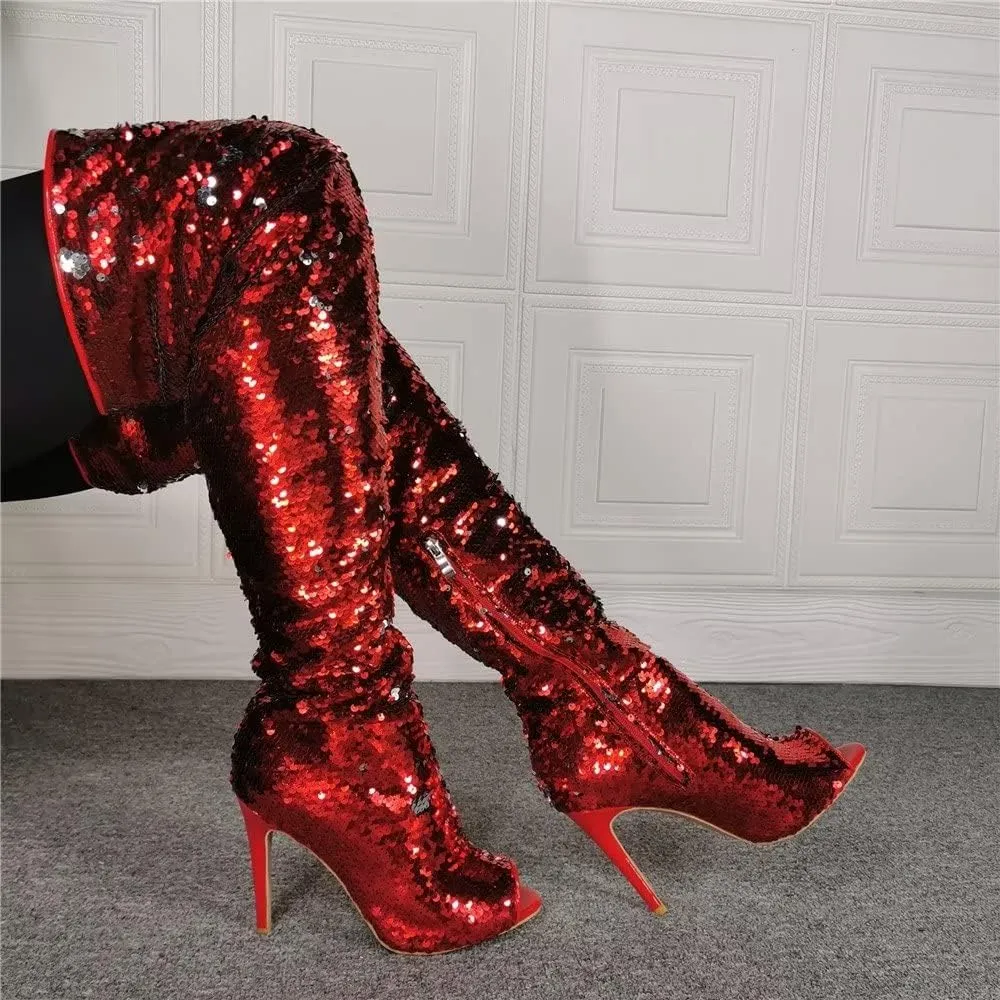 Frankie Hsu Punk Stiletto Over Knee Boots, Red Silver Sequin Glitter High Heels Thigh Style, Fashion Big Large Size Club Peep Toe Long Tall Shoes For Women Men
