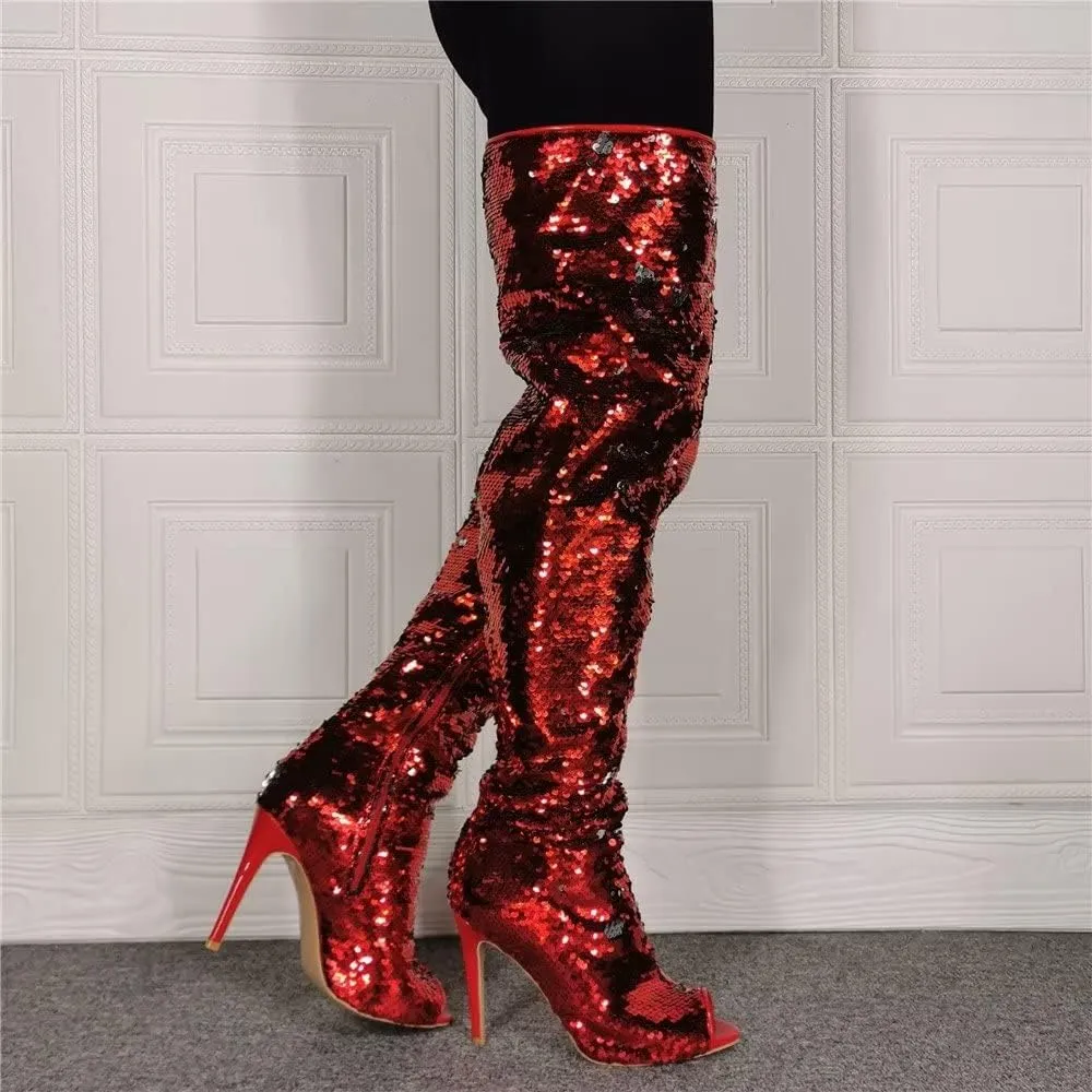 Frankie Hsu Punk Stiletto Over Knee Boots, Red Silver Sequin Glitter High Heels Thigh Style, Fashion Big Large Size Club Peep Toe Long Tall Shoes For Women Men