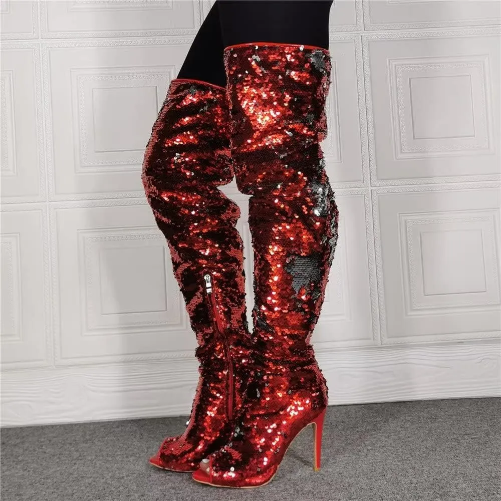 Frankie Hsu Punk Stiletto Over Knee Boots, Red Silver Sequin Glitter High Heels Thigh Style, Fashion Big Large Size Club Peep Toe Long Tall Shoes For Women Men