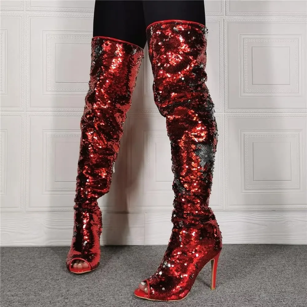 Frankie Hsu Punk Stiletto Over Knee Boots, Red Silver Sequin Glitter High Heels Thigh Style, Fashion Big Large Size Club Peep Toe Long Tall Shoes For Women Men