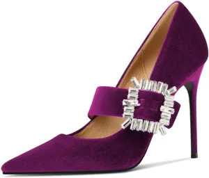 FSJ Women Graceful Pointed Toe High Heel Pumps Velvet Slip On Shining Rhinestones Stiletto Bridal Wedding Banquet Shoes Size 4-15 US