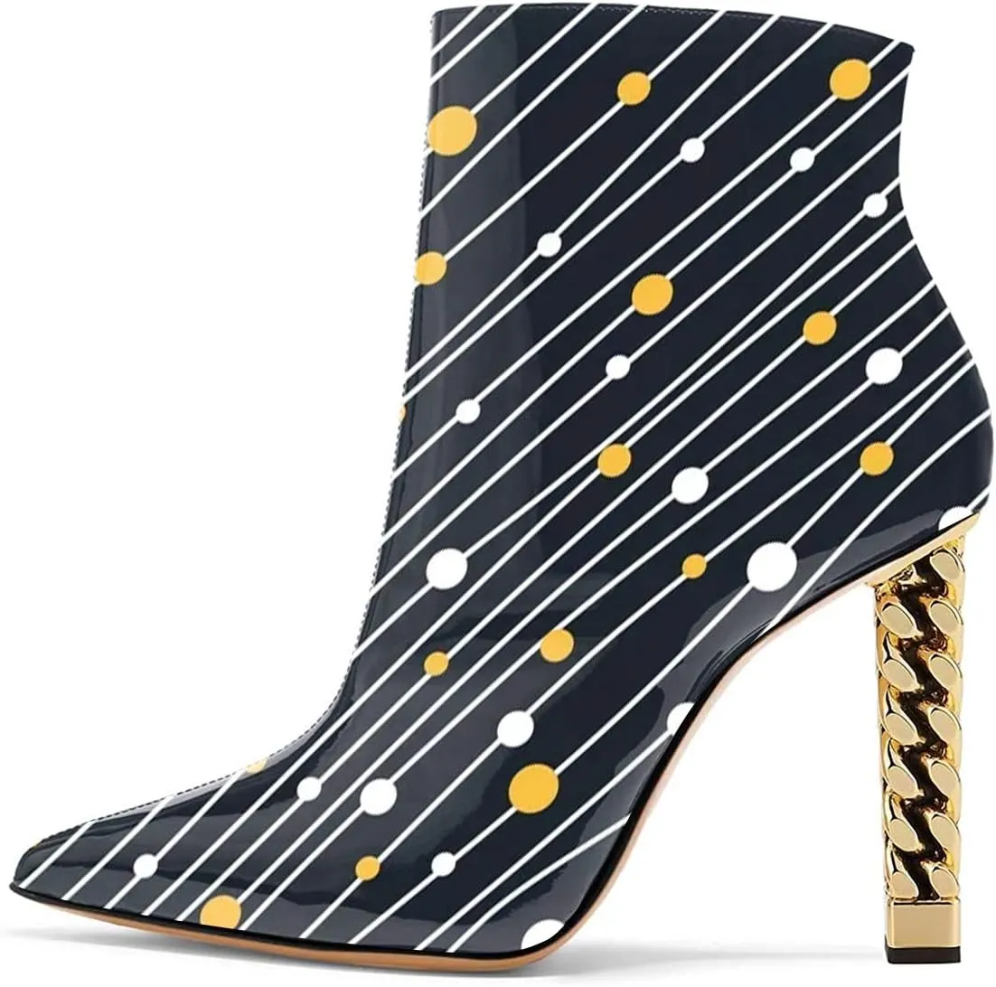 FSJ Women Trendy Pointed Toe Ankle Boot Block Chunky Gold High Heel Bootie Party Prom Shoes with Zipper Size 4-15 US