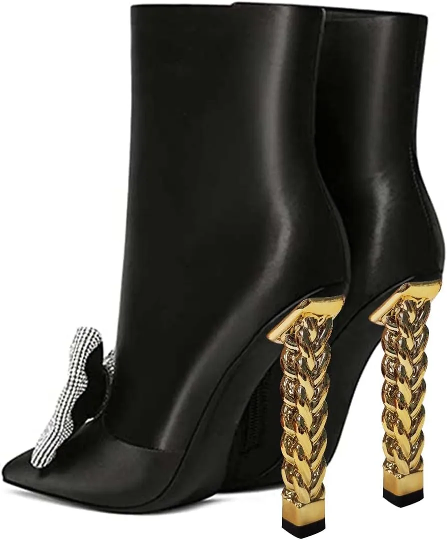 FSJ Women Trendy Pointed Toe Ankle Boot Block Chunky Gold High Heel Bootie Party Prom Shoes with Zipper Size 4-15 US