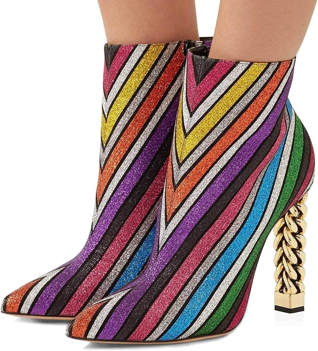 FSJ Women Trendy Pointed Toe Ankle Boot Block Chunky Gold High Heel Bootie Party Prom Shoes with Zipper Size 4-15 US