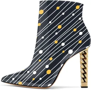 FSJ Women Trendy Pointed Toe Ankle Boot Block Chunky Gold High Heel Bootie Party Prom Shoes with Zipper Size 4-15 US